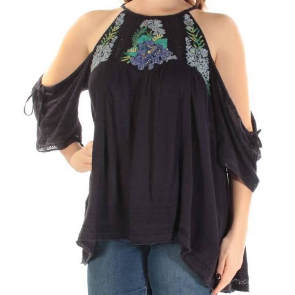 Free People Embroidered Cold Shoulder Top Size XS